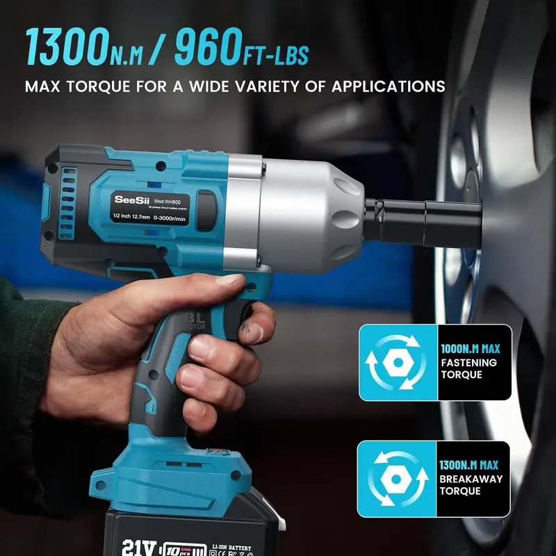 lektromos ütőkulcs akkumulátorral 1300 Nm, 8000 mAh, 1/2 hüvelykes forgó fejjel autógumi cseréhez és kerékanyák lazításához, 3 sebességfokozatú, kefe nélküli motor, 2 akkuval és töltővel ellátva