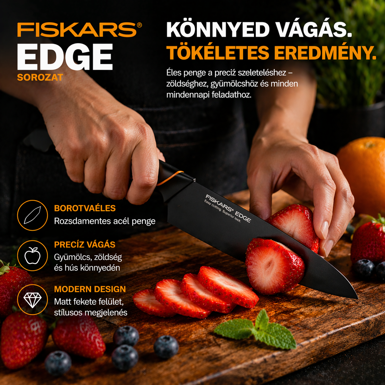 FISKARS limitált kiadású EDGE sorozat: konyhakések,5 darabos készlet, Ajándék: késblokk + késélező