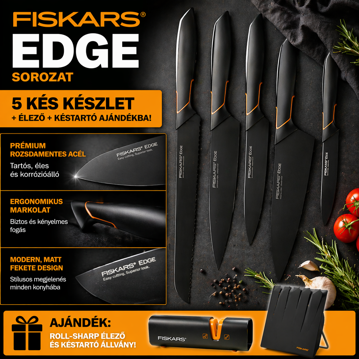 FISKARS limitált kiadású EDGE sorozat: konyhakések,5 darabos készlet, Ajándék: késblokk + késélező