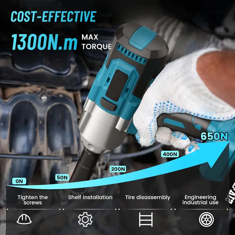 lektromos ütőkulcs akkumulátorral 1300 Nm, 8000 mAh, 1/2 hüvelykes forgó fejjel autógumi cseréhez és kerékanyák lazításához, 3 sebességfokozatú, kefe nélküli motor, 2 akkuval és töltővel ellátva