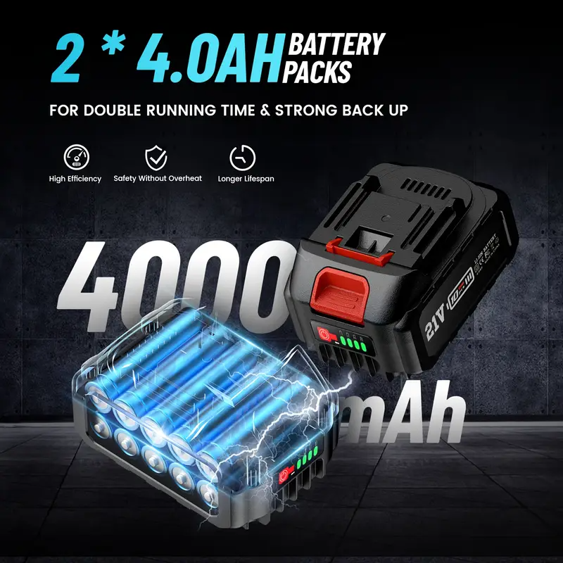 lektromos ütőkulcs akkumulátorral 1300 Nm, 8000 mAh, 1/2 hüvelykes forgó fejjel autógumi cseréhez és kerékanyák lazításához, 3 sebességfokozatú, kefe nélküli motor, 2 akkuval és töltővel ellátva