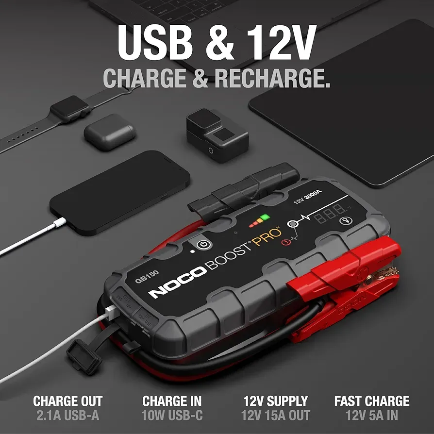 NOCO Boost GB150:3000A Ultra-Biztonságos Autóindító – 12 V-os lítium akkumulátortöltő, hordozható indítódoboz, külső akkumulátor és indítókábelek – 9,0 literes benzinmotorokhoz és 7,0 literes dízelmotorokhoz alkalmas