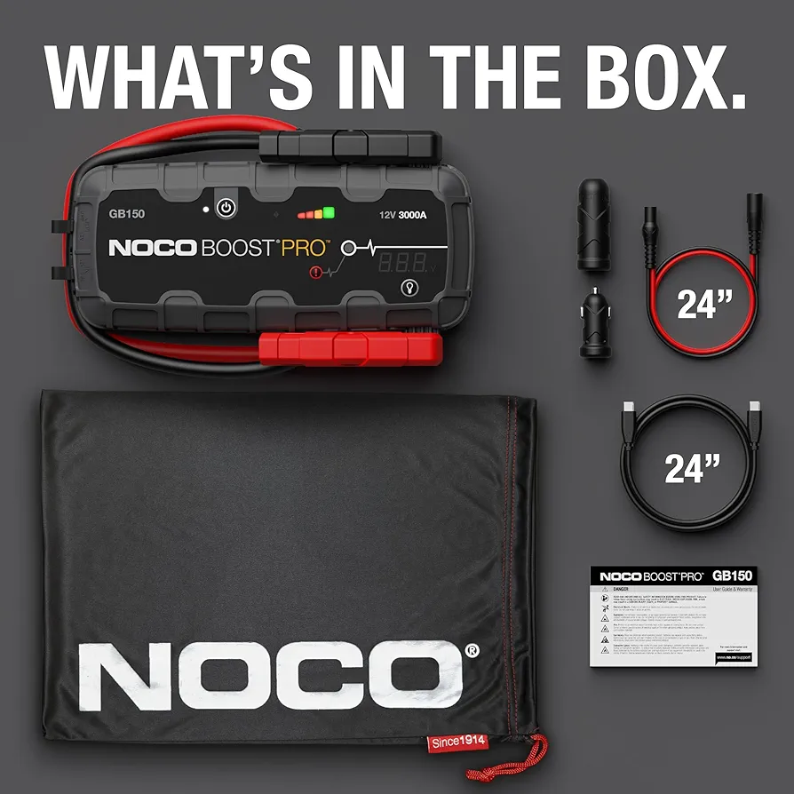 NOCO Boost GB150:3000A Ultra-Biztonságos Autóindító – 12 V-os lítium akkumulátortöltő, hordozható indítódoboz, külső akkumulátor és indítókábelek – 9,0 literes benzinmotorokhoz és 7,0 literes dízelmotorokhoz alkalmas
