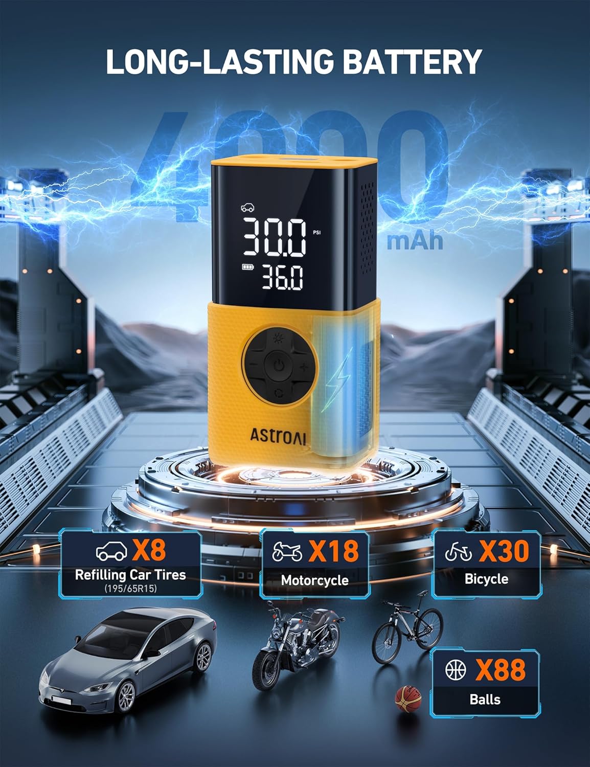 AstroAI L7S gumiabroncs-felfújó, hordozható, vezeték nélküli légkompresszor, digitális nyomásmérővel, 150 PSI LED-es kerékpárpumpa gyors felfújással és automatikus kikapcsolással autógumikhoz, motorkerékpárokhoz, kerékpárokhoz, labdákhoz