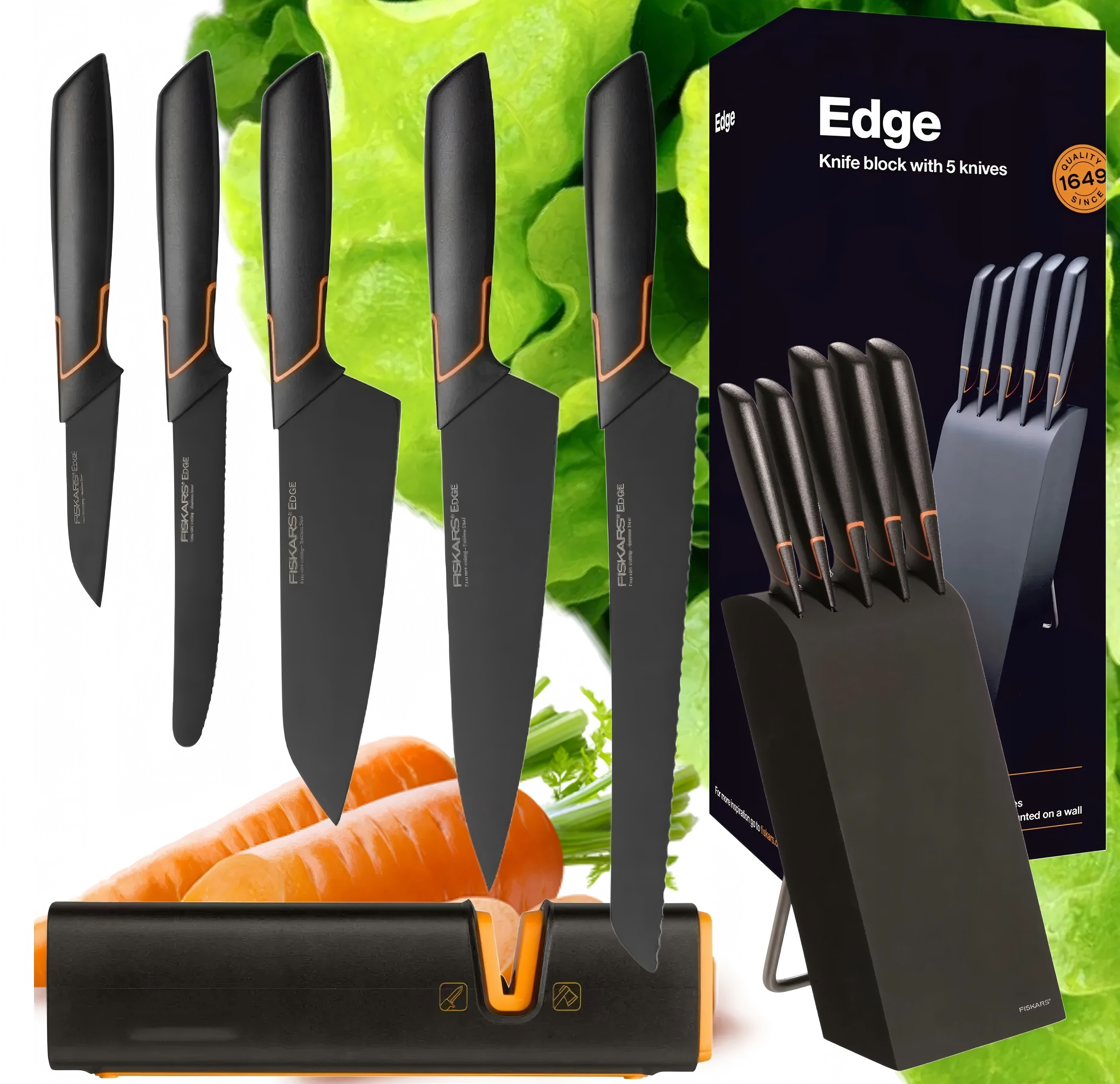 Limitált kiadás: 5 DB-OS KÉSKÉSZLET EDGE BLOKKBAN, ÉLES KONYHAKÉS + ÉLEZŐ SZETT