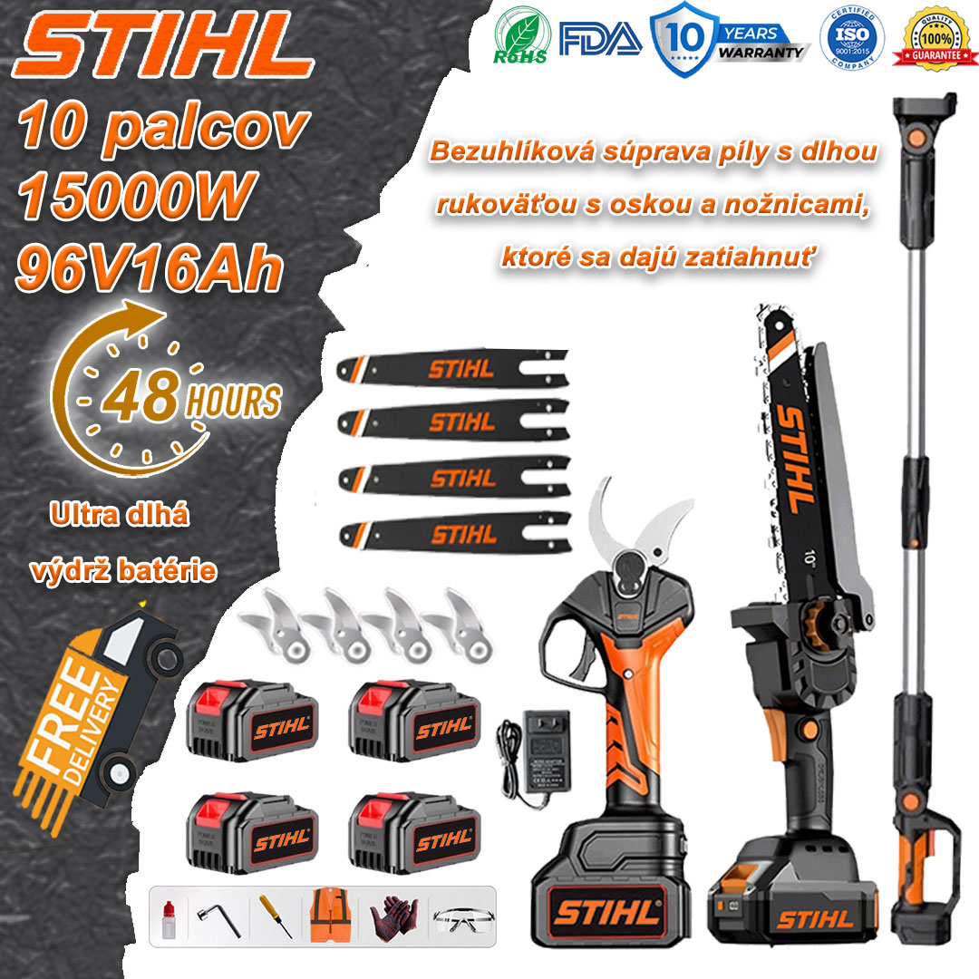 Súprava bezuhlíkovej reťazovej píly STIHL 15 000 W s dlhou rukoväťou a výsuvnými záhradníckymi nožni