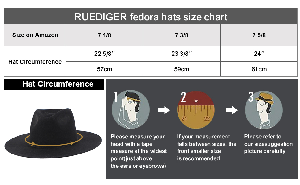 Ruediger fedora hats Size chart