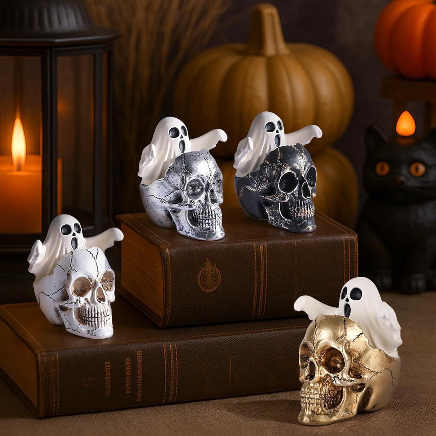 Gold Skull with Emerging Ghost Figurine - Spooky Halloween Decor