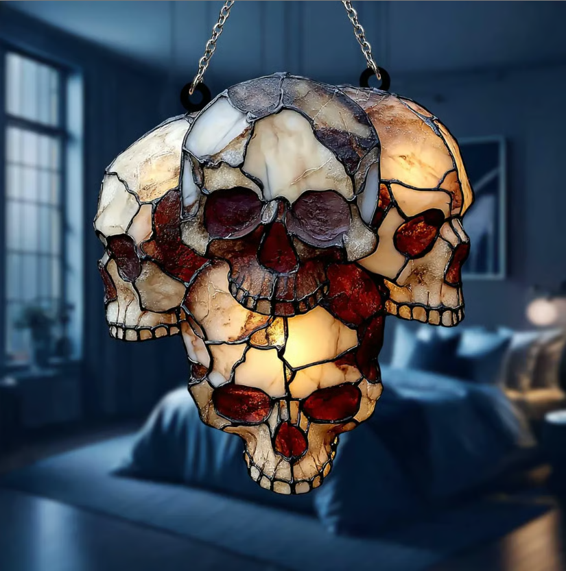 💀 Gothic Skull Cluster Suncatcher – Faux Stained Glass Halloween Decor with Horror Skull