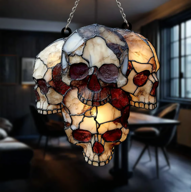 💀 Gothic Skull Cluster Suncatcher – Faux Stained Glass Halloween Decor with Horror Skull