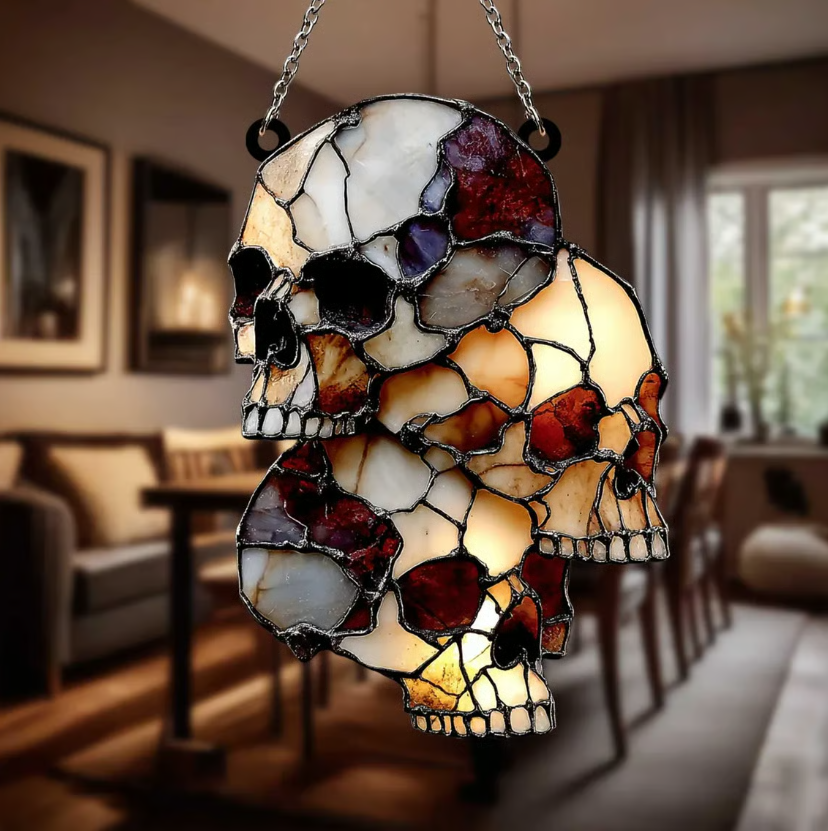 💀 Gothic Skull Cluster Suncatcher – Faux Stained Glass Halloween Decor with Horror Skull