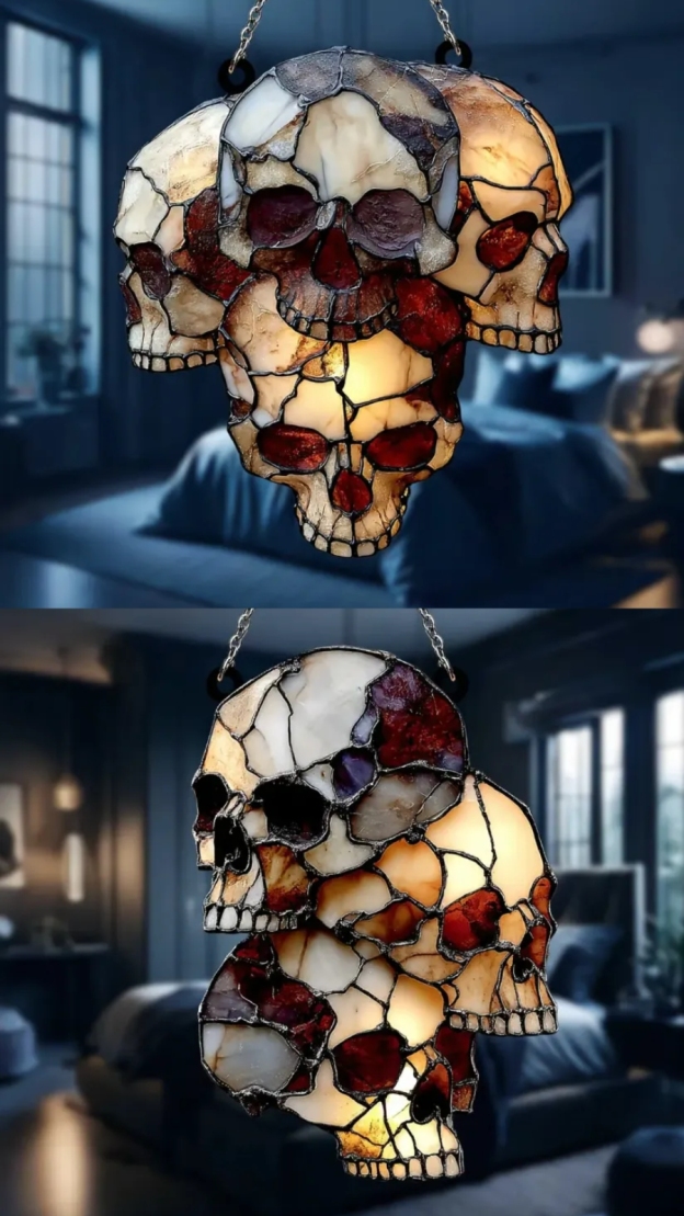 💀 Gothic Skull Cluster Suncatcher – Faux Stained Glass Halloween Decor with Horror Skull