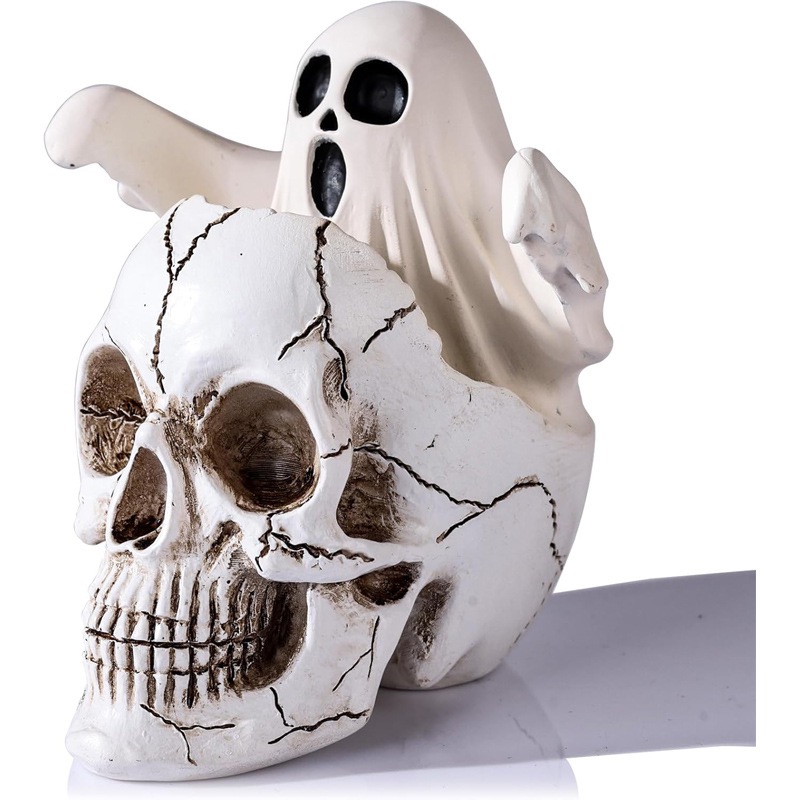 Gold Skull with Emerging Ghost Figurine - Spooky Halloween Decor