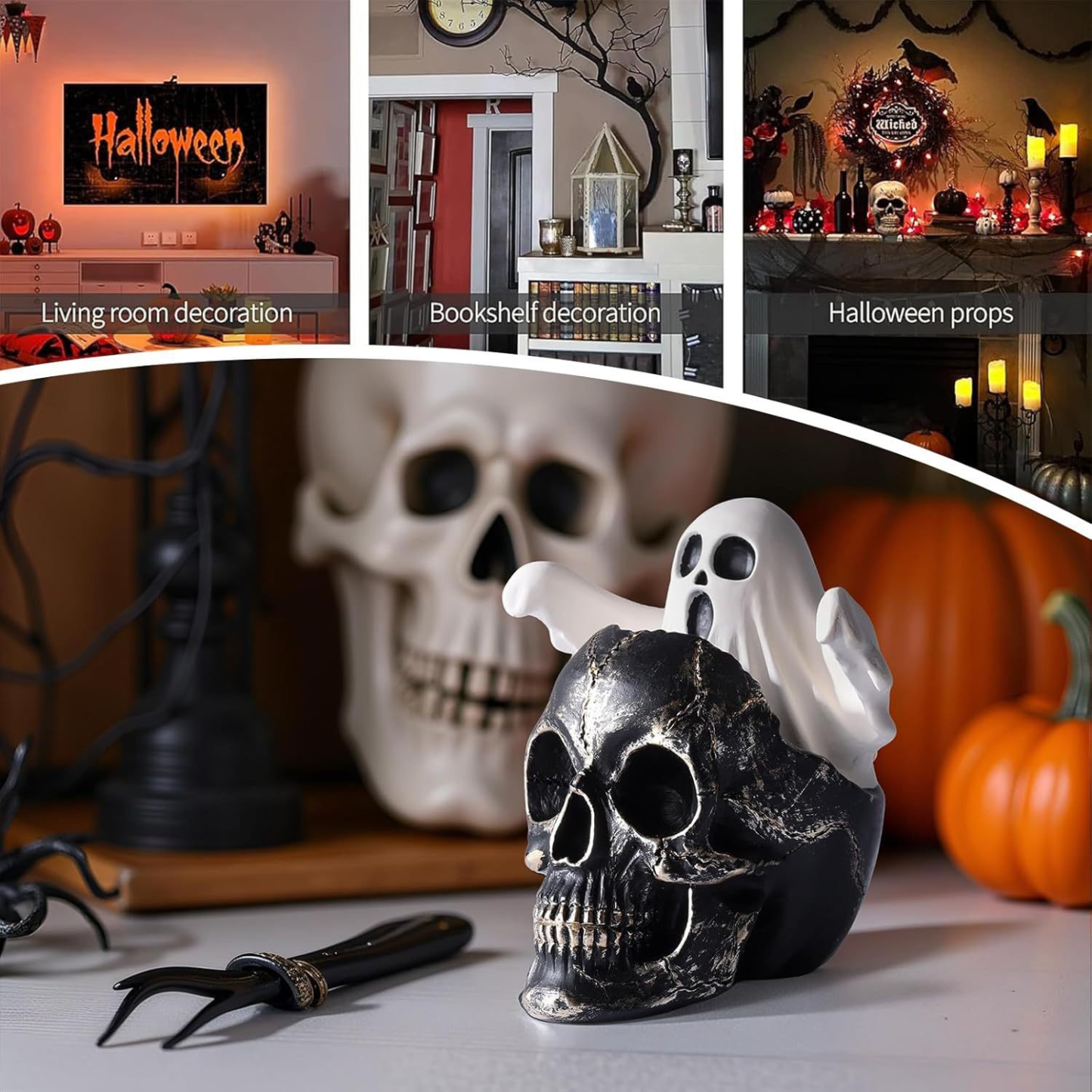 Gold Skull with Emerging Ghost Figurine - Spooky Halloween Decor