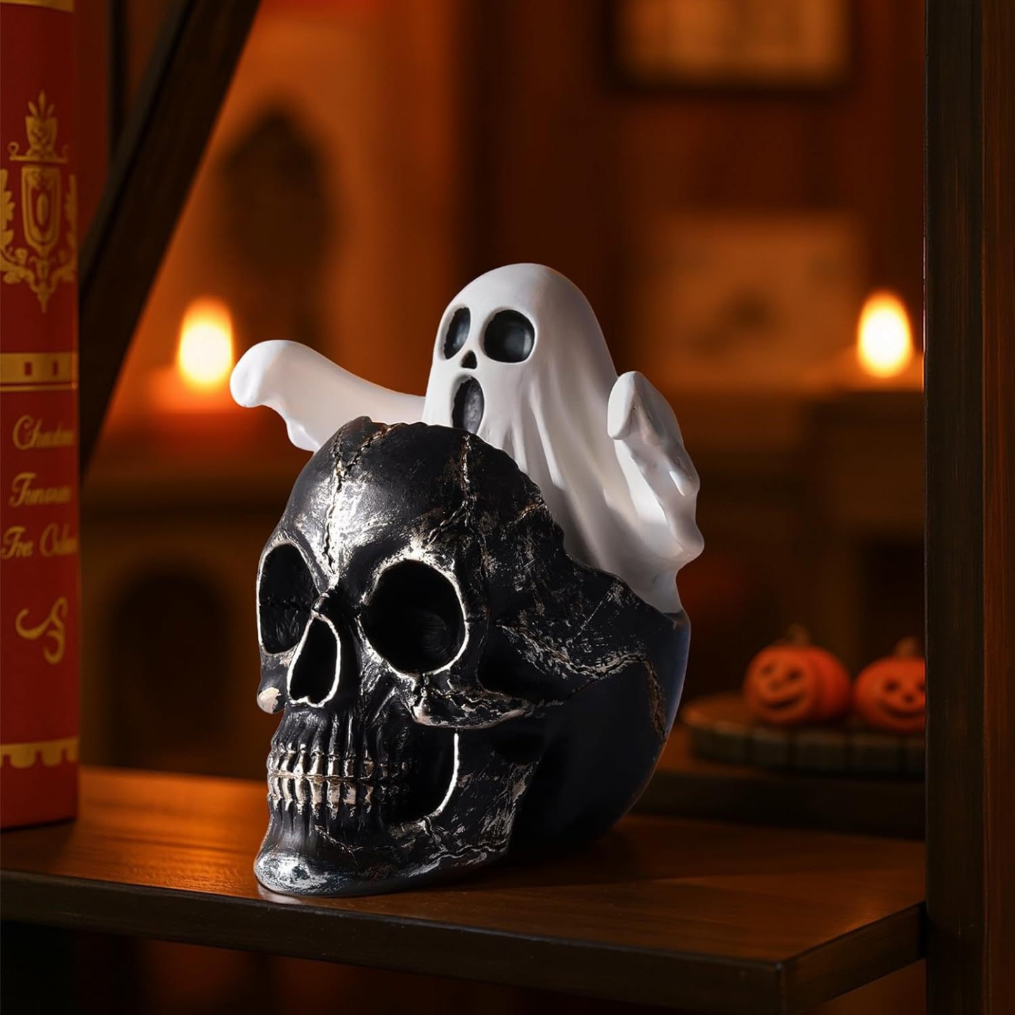 Gold Skull with Emerging Ghost Figurine - Spooky Halloween Decor