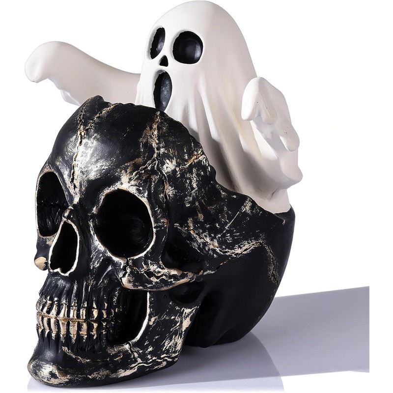 Gold Skull with Emerging Ghost Figurine - Spooky Halloween Decor