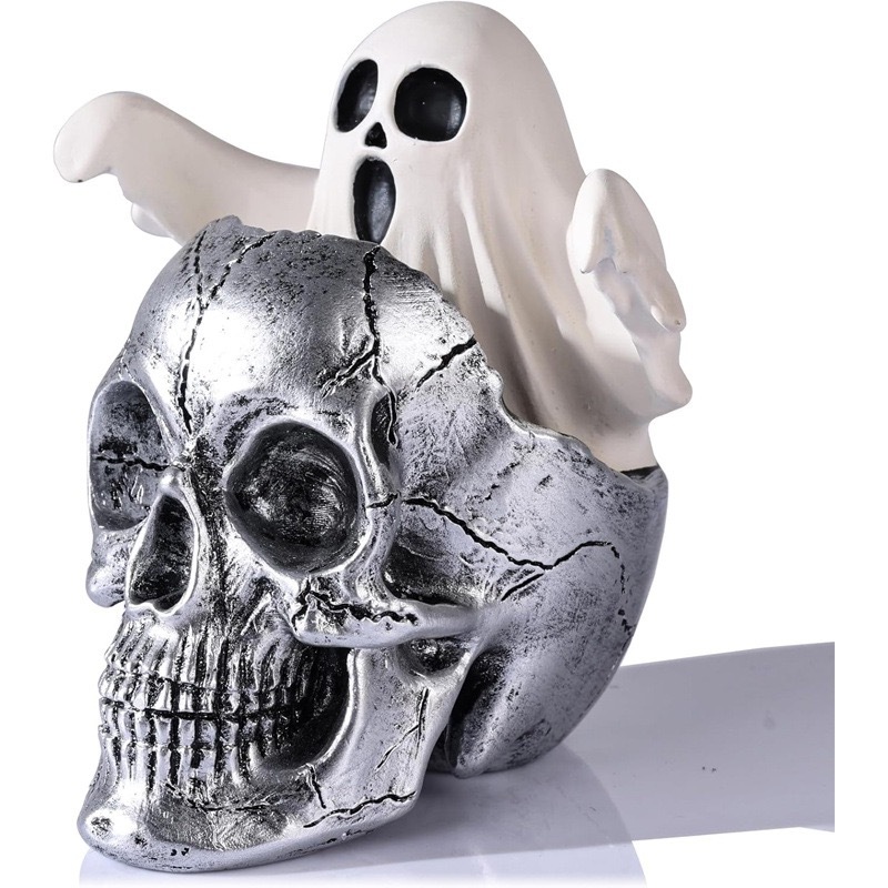 Gold Skull with Emerging Ghost Figurine - Spooky Halloween Decor