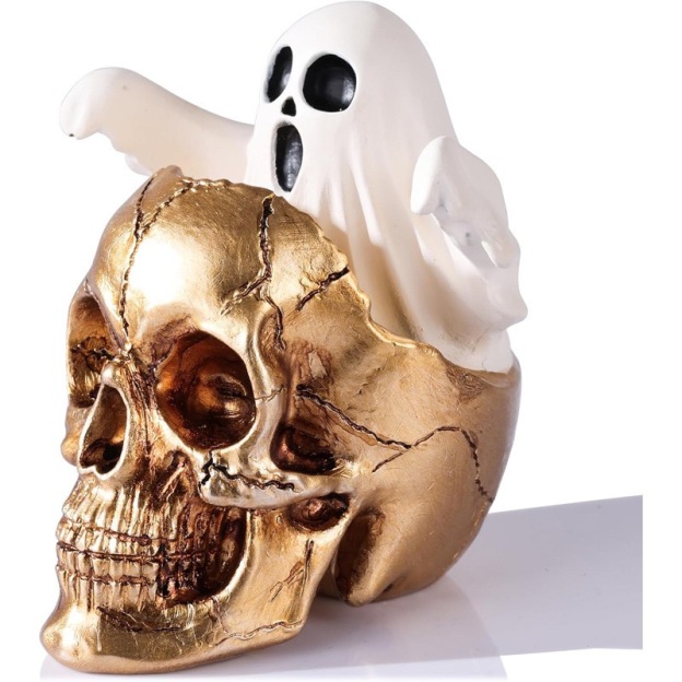 Gold Skull with Emerging Ghost Figurine - Spooky Halloween Decor