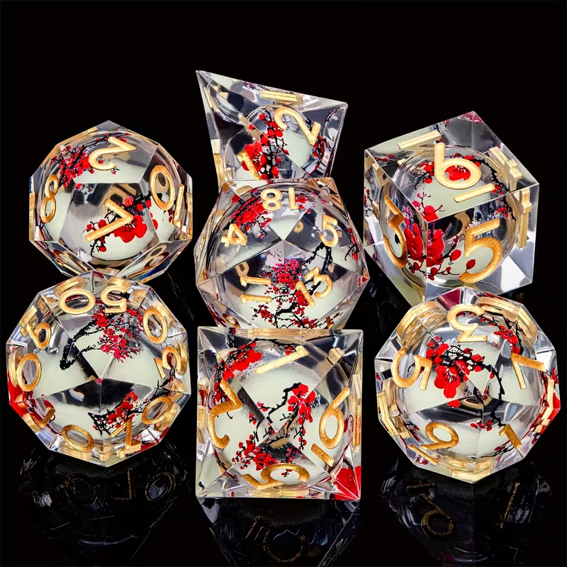 Plum Blossom DND Dice Yellow Noctilucent Liquid Core Dice Set