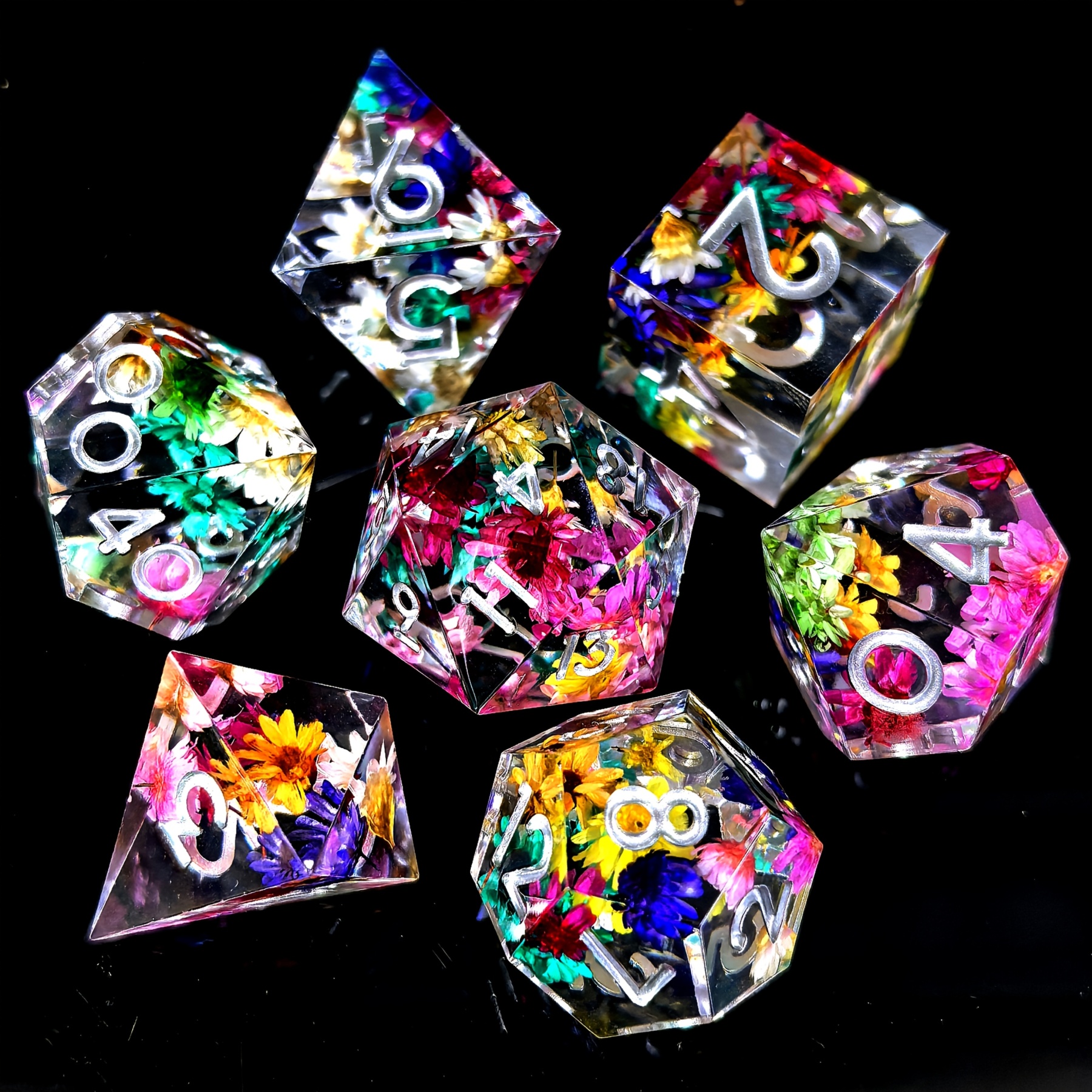 DND Resin Dice Set - Vibrant Floral & Star Design