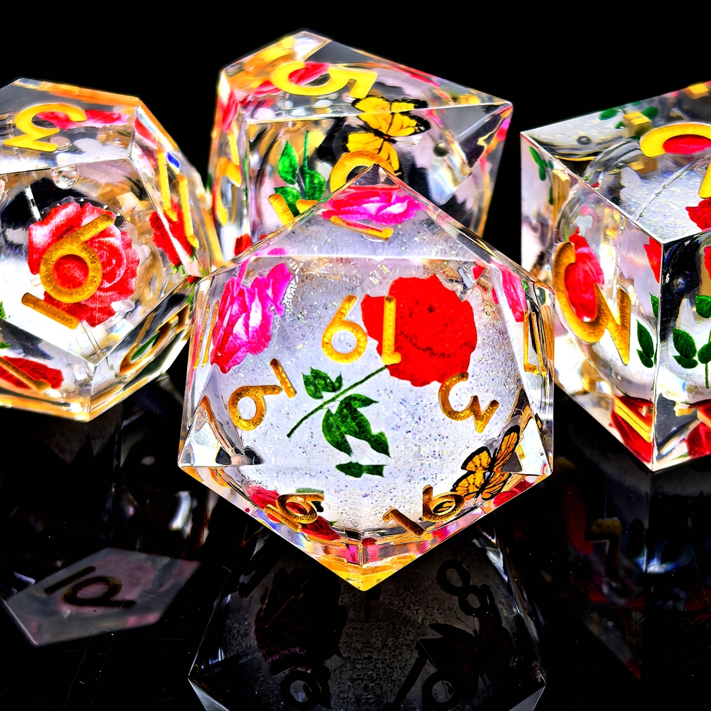 Rose Butterfly Floral Pattern DND Sharp Edge Liquid Core Resin Handmade Dice Set