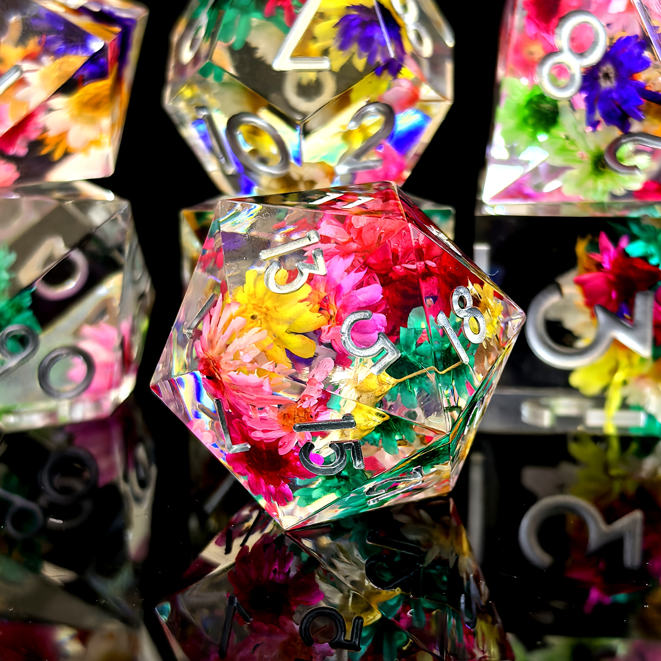 DND Resin Dice Set - Vibrant Floral & Star Design