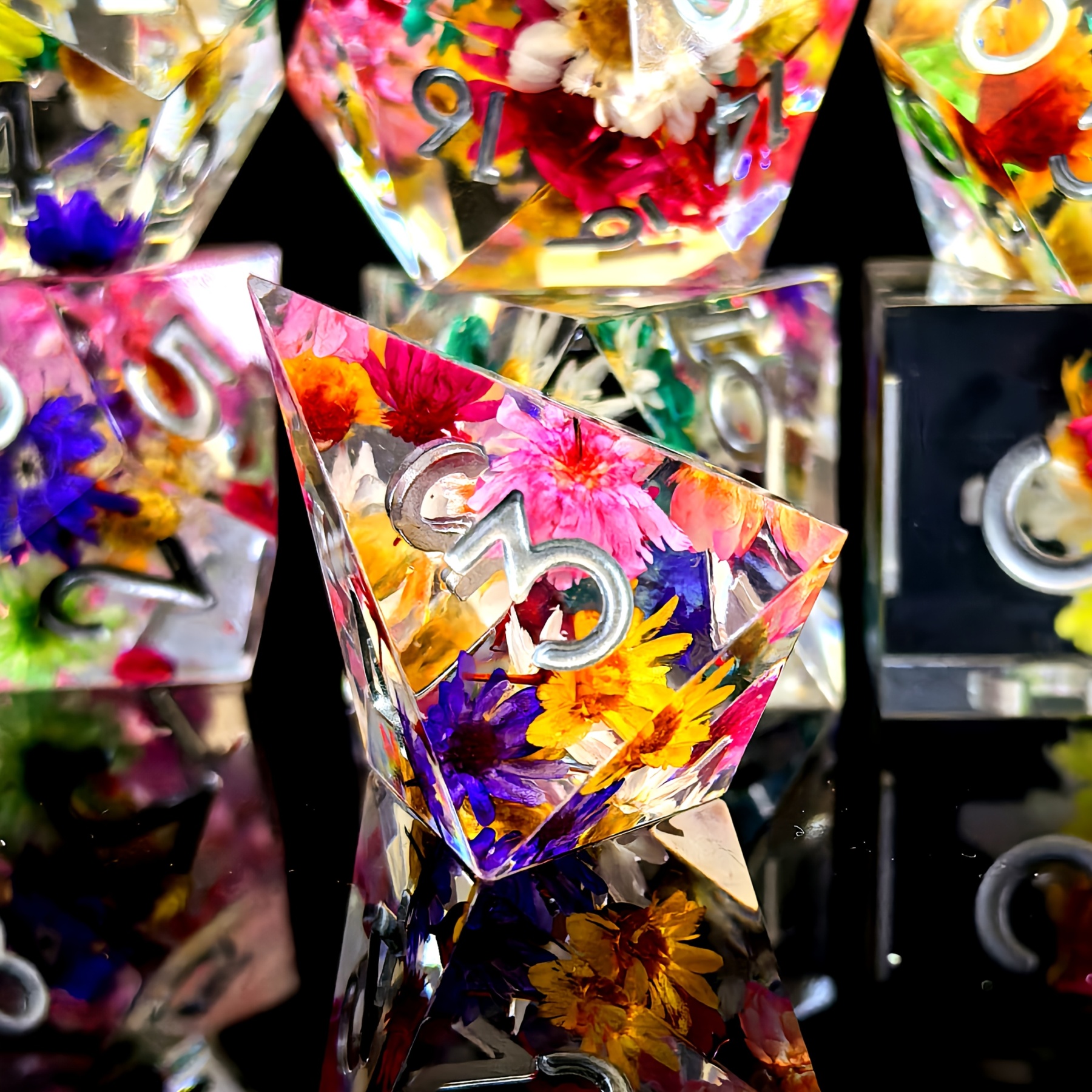 DND Resin Dice Set - Vibrant Floral & Star Design