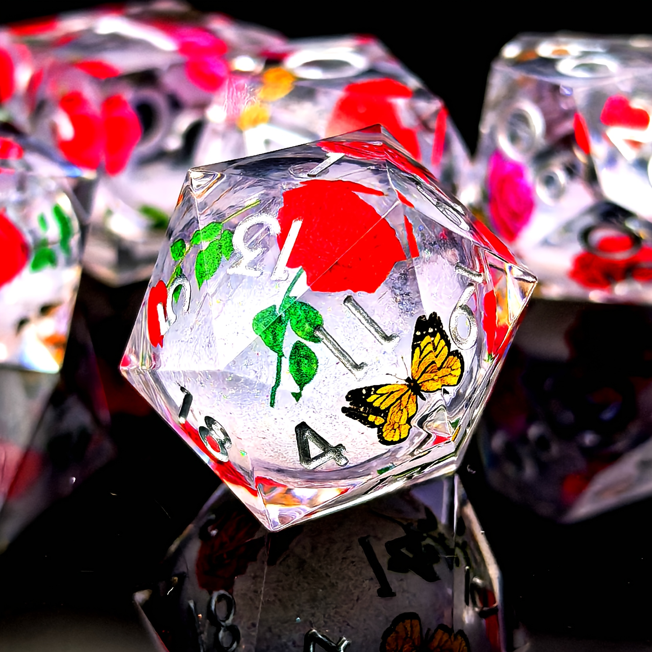 Rose Butterfly Floral Pattern DND Sharp Edge Liquid Core Resin Handmade Dice Set