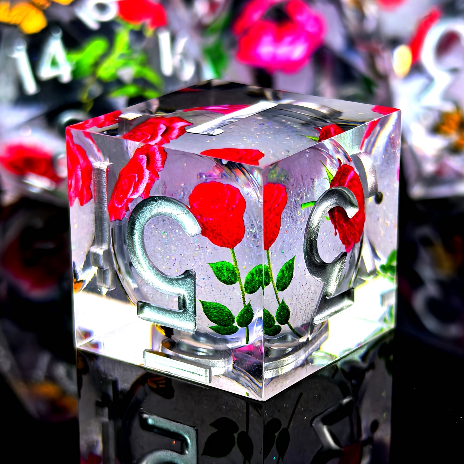 Rose Butterfly Floral Pattern DND Sharp Edge Liquid Core Resin Handmade Dice Set