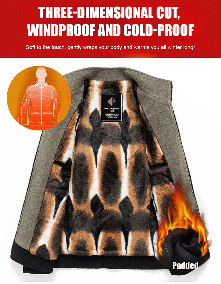 Men's wool jacket with fur lining in a color-block design. This coat feels like a visit to a sauna.