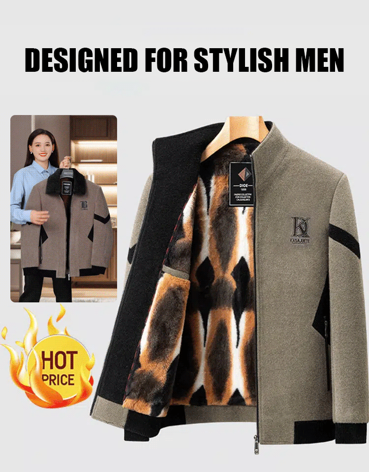 Men's wool jacket with fur lining in a color-block design. This coat feels like a visit to a sauna.