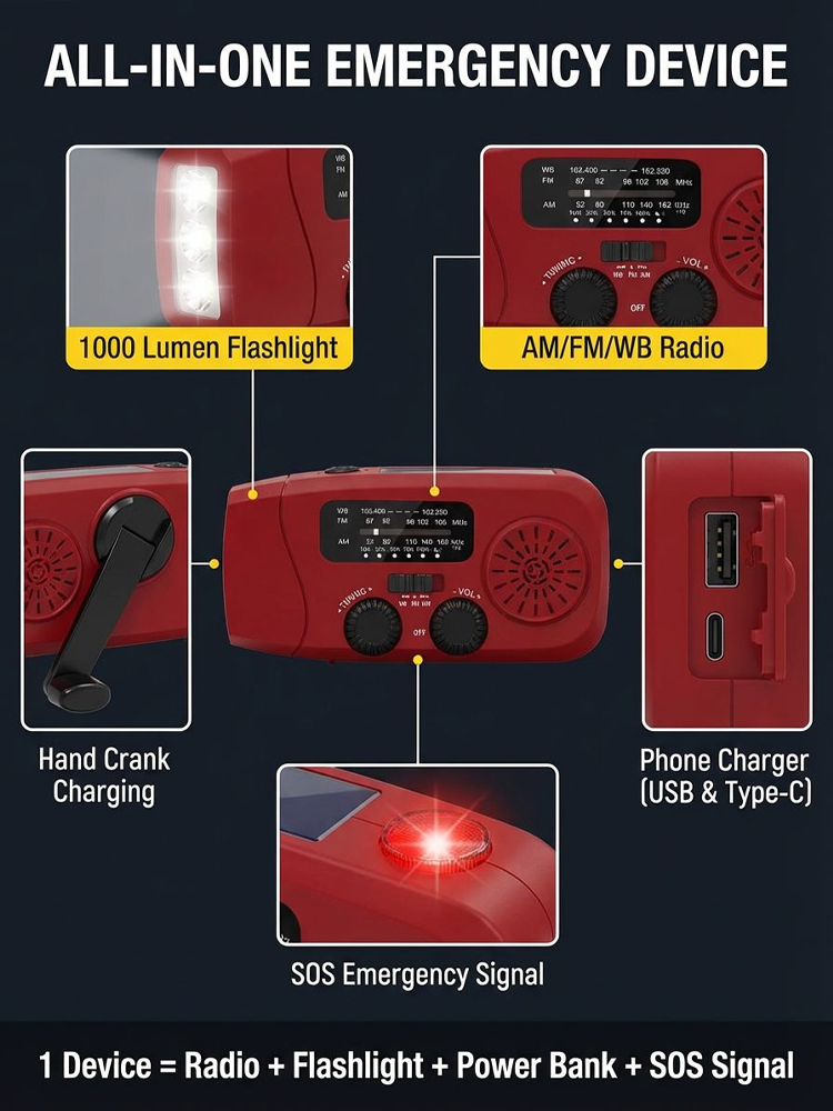 Multifunctional Hand-Cranked Emergency Lighting Radio🔦⚙️No batteries needed, just shake it manually to generate electricity, never runs out of power