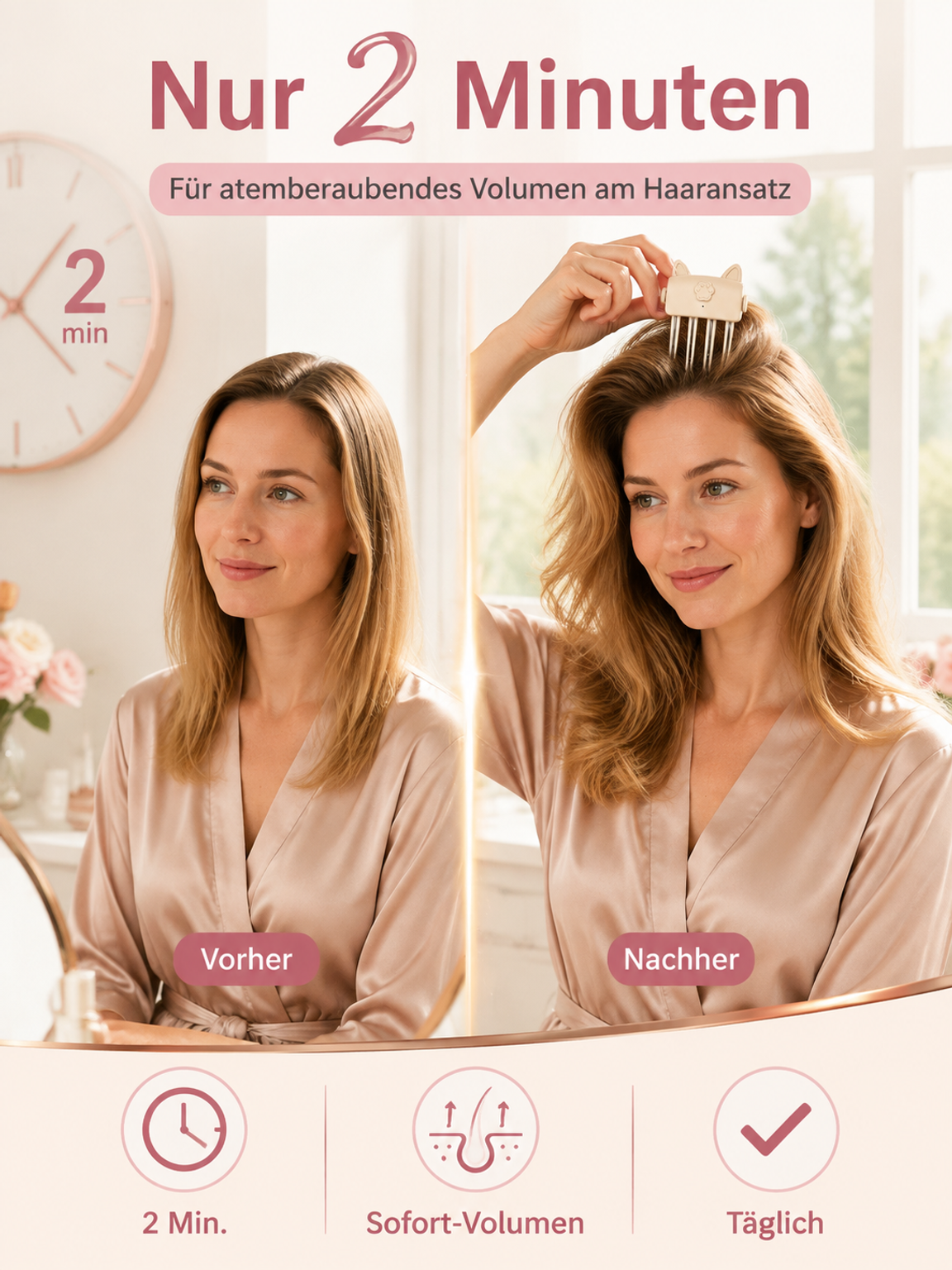Auch Promi-Visagisten schwören darauf! Verleiht dem Haaransatz in nur 3 Sekunden mehr Volumen und kreiert mühelos einen natürlich hohen Haaransatz – ganz ohne Haarspray!