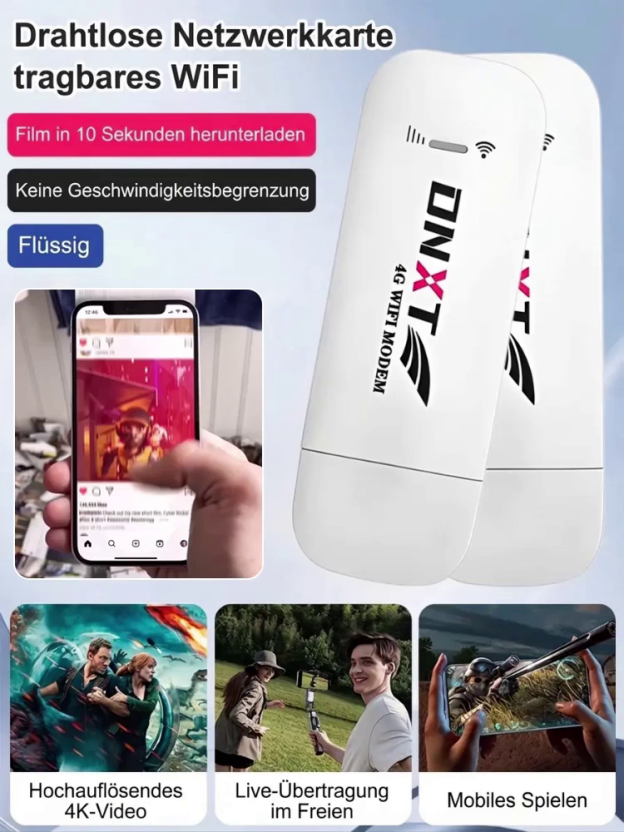 DNXT Tragbarer mobiler WLAN-Adapter【Rasante Geschwindigkeiten – dutzende Male schneller als herkömmliches Wi-Fi 4 – für Gaming, Live-Streaming und Arbeit ohne jegliche Latenz.】