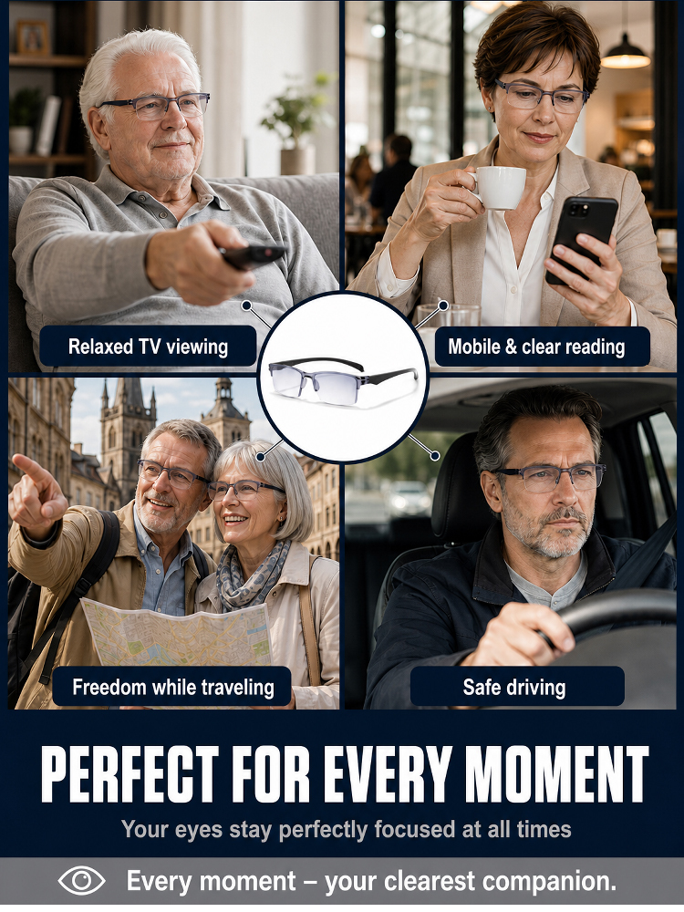 【Smart Adjustable Frameless Blue Light Filter Presbyopic Glasses】Auto-adjust to 4K Clarity, No More Swapping Glasses!