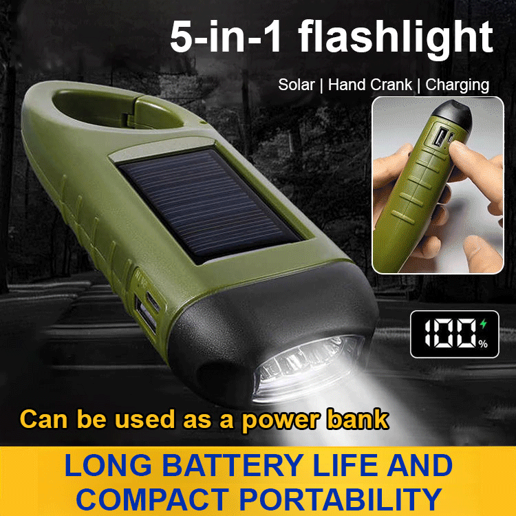 【Never-ending power】Multi-function, high-intensity flashlight | Powered by solar power, hand crank, or charging⚡