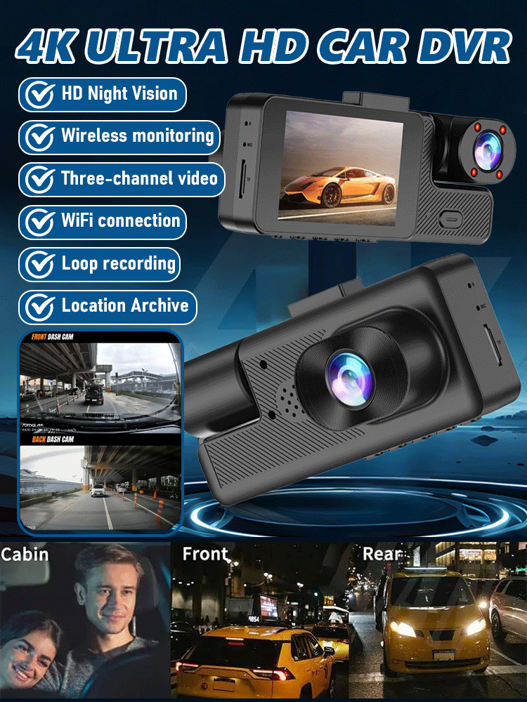 【50% OFF! 】4K Ultra HD Dash Cam - Triple Recording (Front/Rear/Cabin), F1.8 Night Vision, WiFi APP Control, 170° Wide Angle