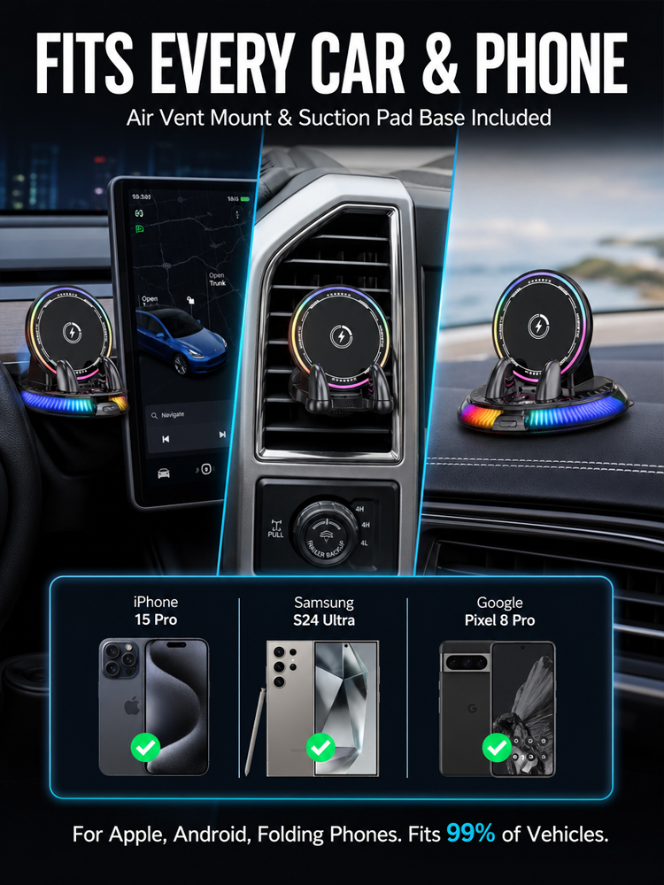 [AI Intelligent Sensing] 15W Ultra‑Fast Wireless Charging：1‑second instant magnetic attachment, 360° full‑rotation design, keep your focus on driving!  >