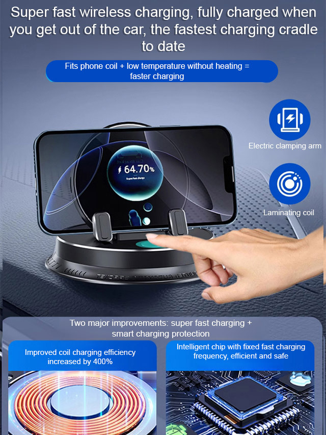 【AI intelligent sensing + 400% efficiency super wireless fast charging】No installation required, clamps your phone in 1 second to start charging ⚠️ Won't fall off even during bumps