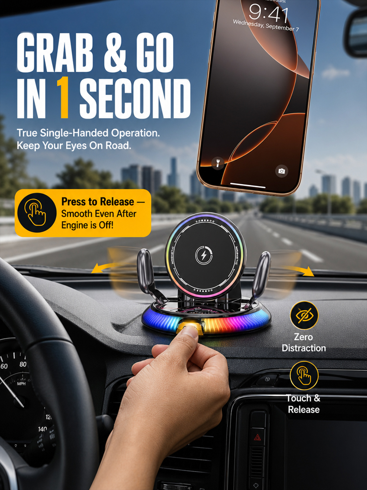 [AI Intelligent Sensing] 15W Ultra‑Fast Wireless Charging：1‑second instant magnetic attachment, 360° full‑rotation design, keep your focus on driving!  >