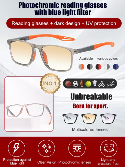 Sports-style 2-in-1 UV-protective photochromic reading glasses
