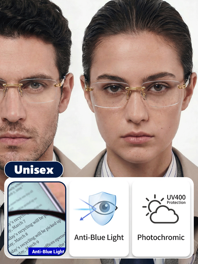 【Purchase once for lifetime use】Photochromic, blue light blocking, frameless reading glasses