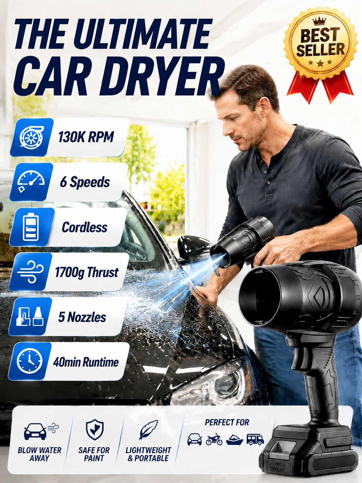 【Black Hole–Level Turbo Storm Blower】 130K RPM Power: Dry car in 3 mins, No more towel scratches!