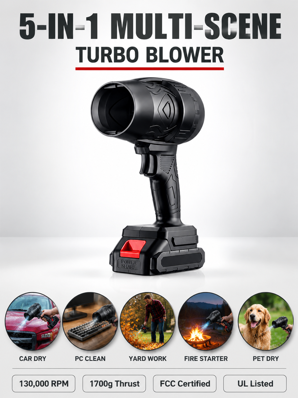 【Black Hole–Level Turbo Storm Blower】 130K RPM Power: Dry car in 3 mins, No more towel scratches!