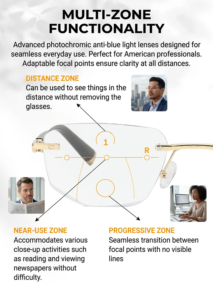 【Purchase once for lifetime use】Photochromic, blue light blocking, frameless reading glasses