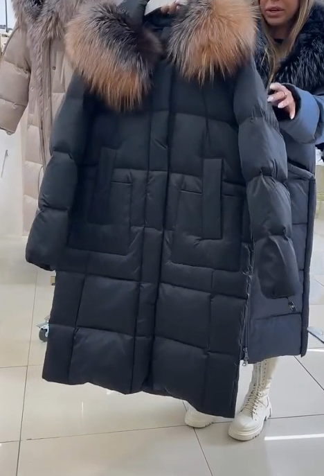 Long check hooded coat