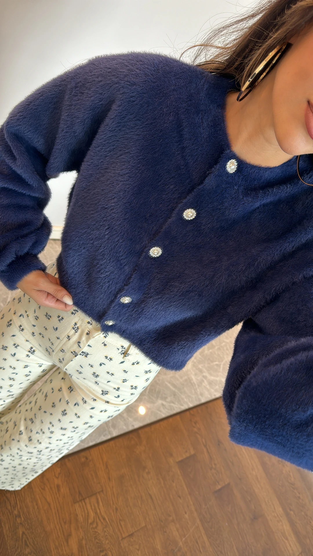 Navy Blue Stone Button Detailed Cardigan