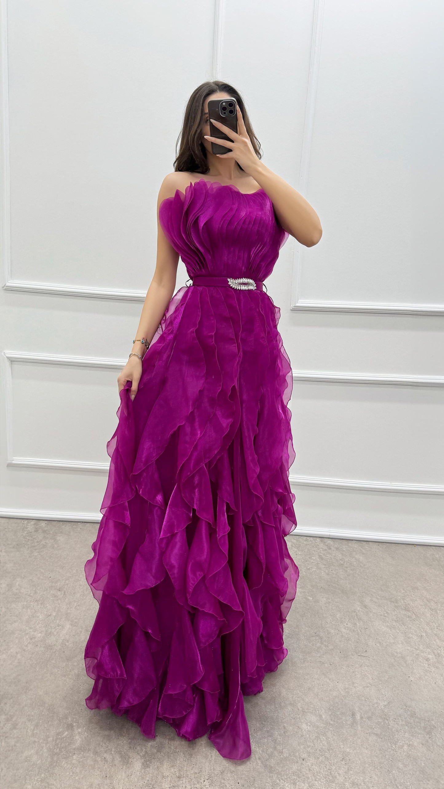 ORANGE STRAPLESS FLYWHEEL DETAIL BELTED EVENING DRESS