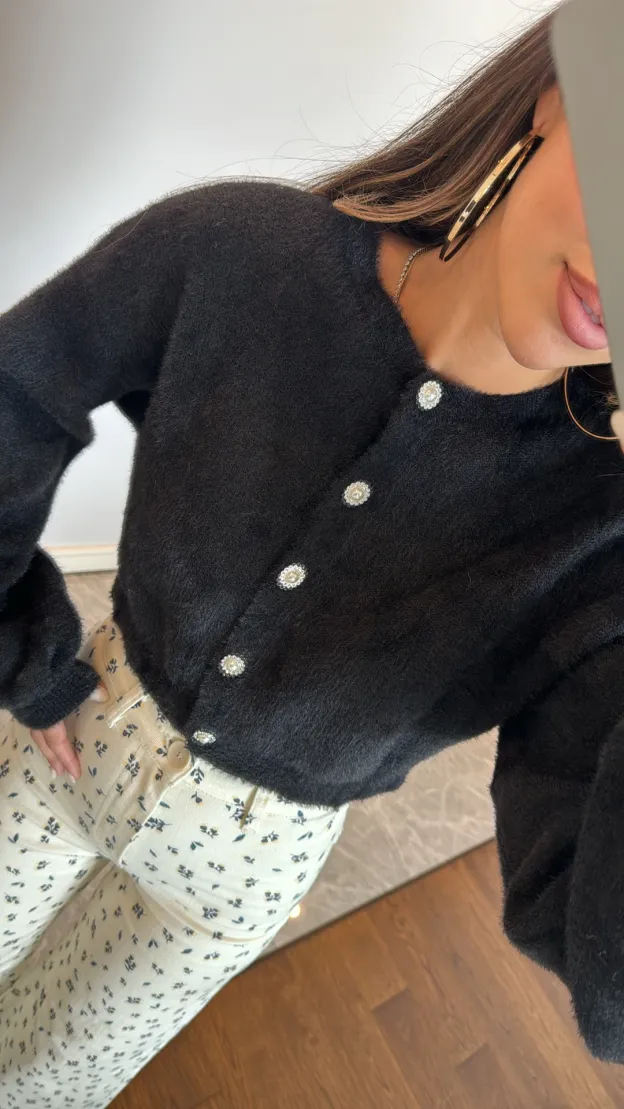 Black Stone Button Detailed Cardigan