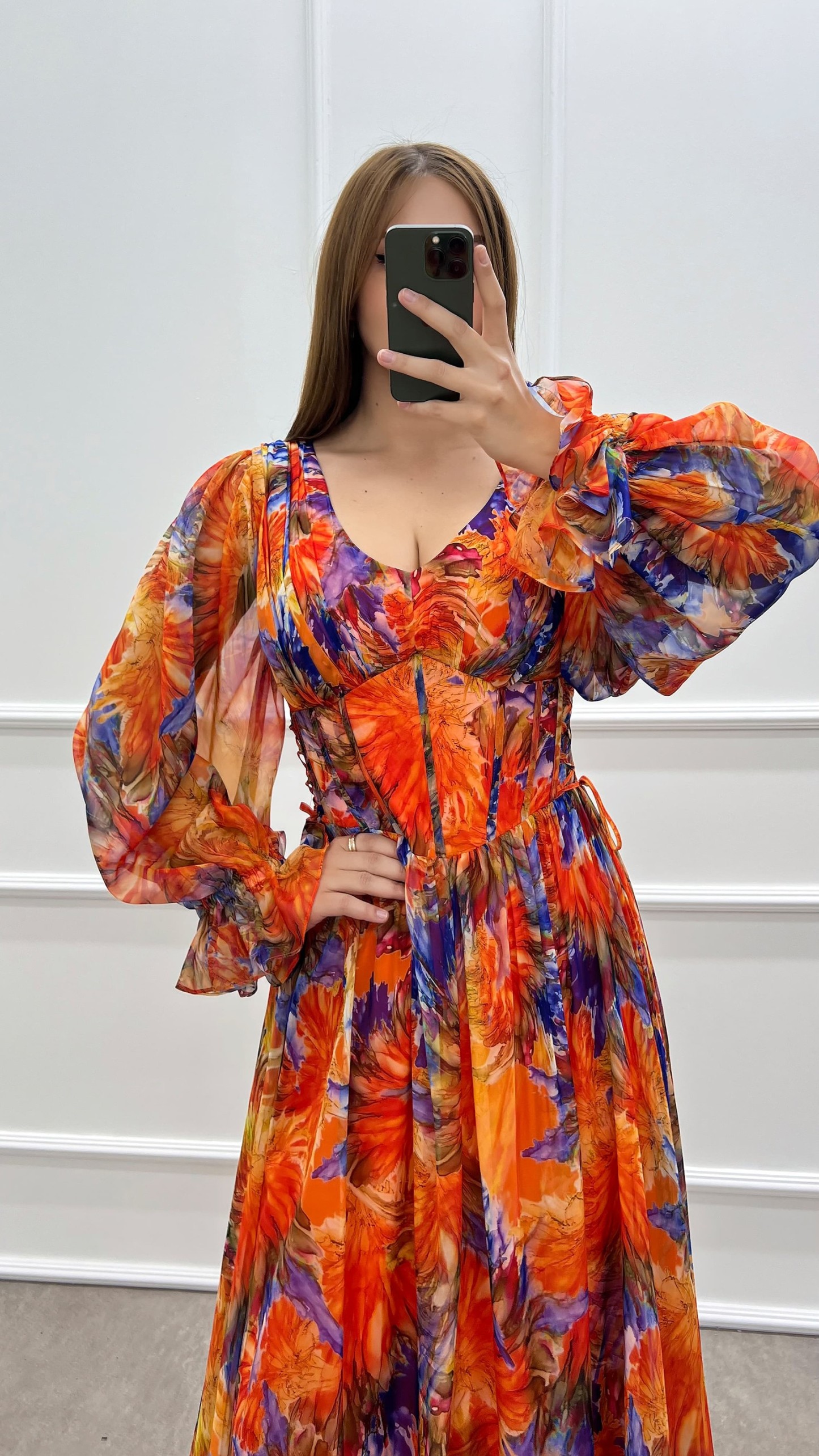 PURPLE BALLOON SLEEVE PATTERNED CHIFFON PLUS SIZE DRESS